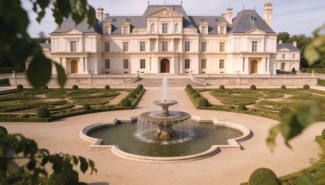 Neoclassical manor overlooking formal parterre garden with tiered fountain and topiary