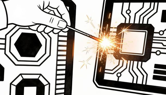 Hand holding sparkler touching microchip sparking circuit board concept hardware hacking