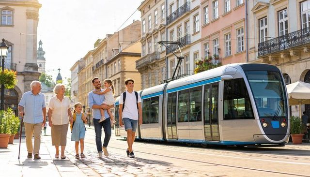 Multigenerational family walking by modern tram on historic european cobblestone street