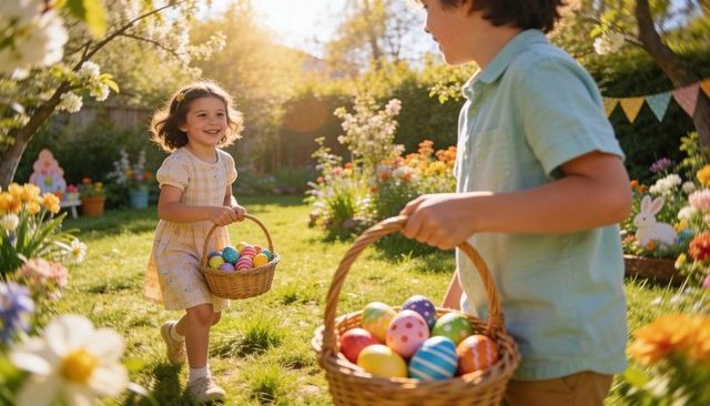 Children carrying easter egg baskets in sunny garden during springtime egg hunt happy kids