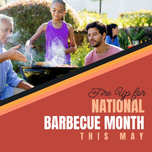 Fire up for national barbecue month this may text over diverse family grilling food on barbecue. Composite, togetherness, social gathering, childhood, yard, preparation and celebration concept.