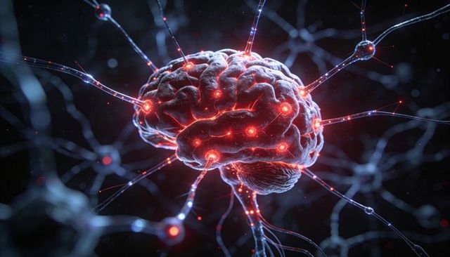 Neural network brain activating with glowing synapses in digital neural space
