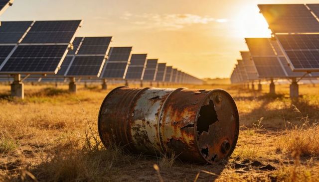 Rusted oil drum lying among solar panels at sunset highlighting pollution vs clean energy