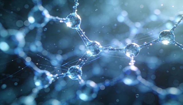 Glowing Nanomolecular Network of Translucent Blue Spheres with Filament Connections