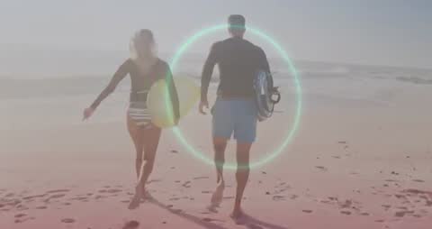 Surfers Walking Beach with Glowing Circle Animation