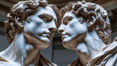 Classical marble busts in museum hall with grand columns