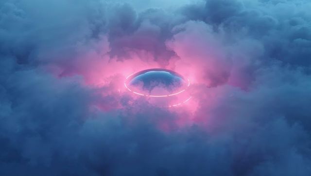 Futuristic Ring Emitting Neon Light Above Cloud Bank