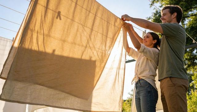 Sunlit couple hanging linen on clothesline enjoying casual teamwork and peaceful laundry
