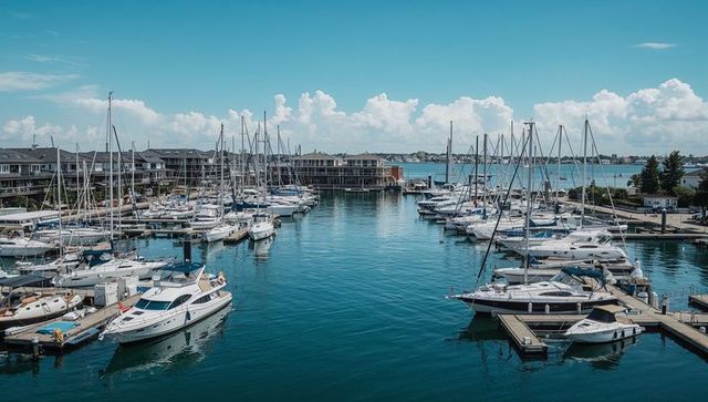 Sunny marina channel showing moored yachts and sailboats with reflections on calm water