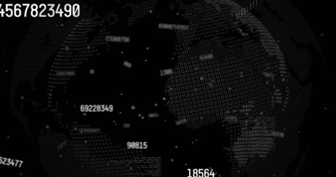 Spinning dotted digital globe streaming numeric labels and data blocks dark analytics HUD