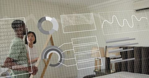 Interior design collaboration presenting augmented reality plans and charts in modern bedroom