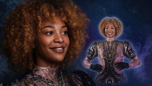 Smiling woman posing in ornate metallic filigree couture bodysuit with nebula backdrop
