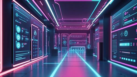 Futuristic Corridor with Neon Lights and Digital Panels