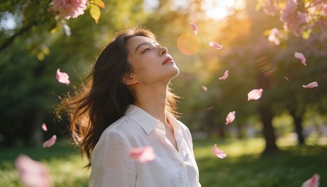 Asian woman enjoying spring breeze with falling cherry petals and golden sunlight glow