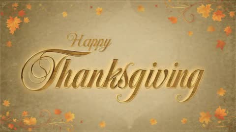 Gold Script Happy Thanksgiving Card with Shimmering Embossed Lettering and Falling Autumn Leaves