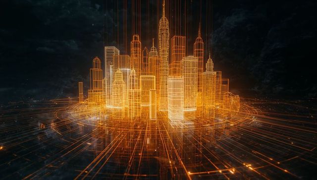 Futuristic Neon Wireframe Urban City Rising on Circular Digital Grid Emitting Data Streams