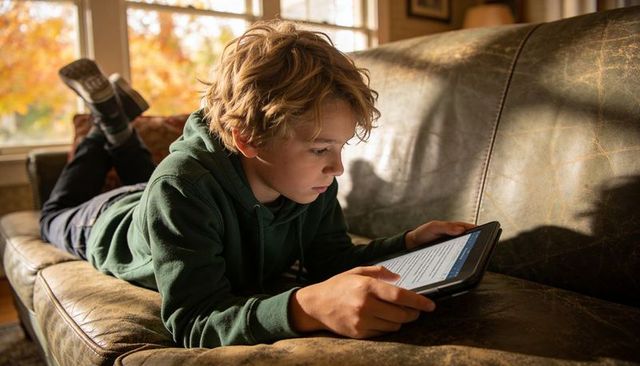 Boy Reading on Tablet While Lying on Leather Sofa, Sunlit Autumn Home Comfort