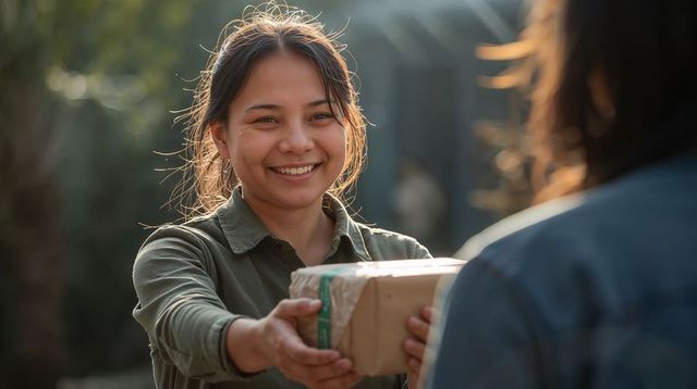 Smiling asian woman handing package at doorstep during golden hour delivery moment