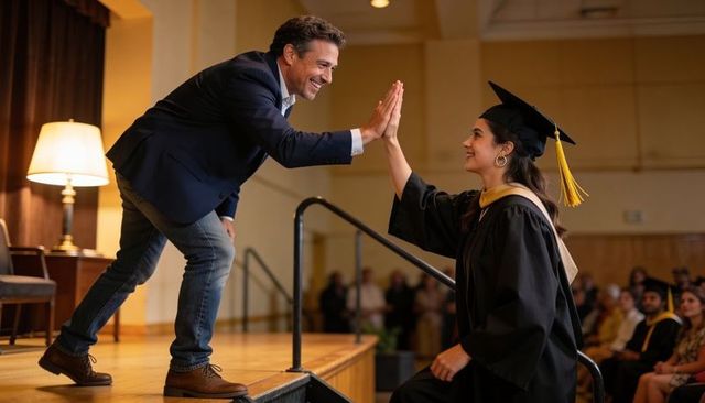 Graduate high-fiving mentor on stage during commencement in university auditorium
