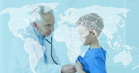 Doctor Examining Child with World Map Overlay in Hospital