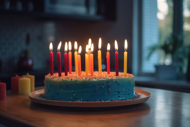 Birthday Cake With Colorful Lit Candles in Kitchen - Download Free Stock Images Pikwizard.com