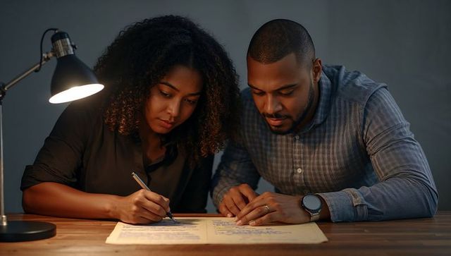 Couple reviewing documents by desk lamp, working late on financial planning and contracts