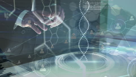 Man Interacting with Futuristic DNA and Data Interface