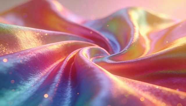 Iridescent satin swirl with prismatic gradient, glitter bokeh and silky reflective texture