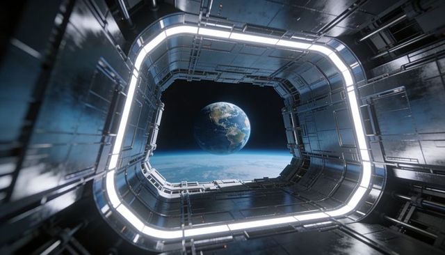 Revealing Sunlit Earth through Rotating Space Station Hatch with LED-Lit Metallic Frame