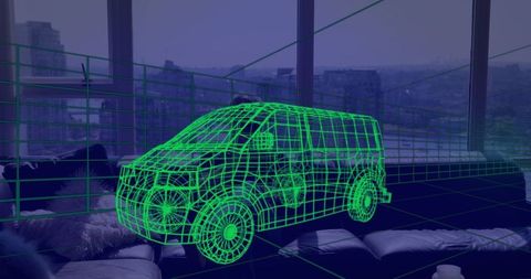Man exploring virtual reality technology with 3d van wireframe