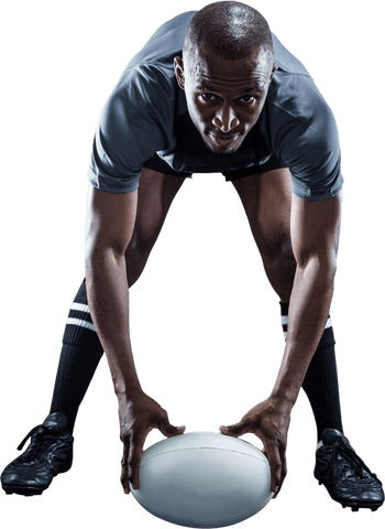 Transparent Athlete Holding Rugby Ball in Dynamic Pose