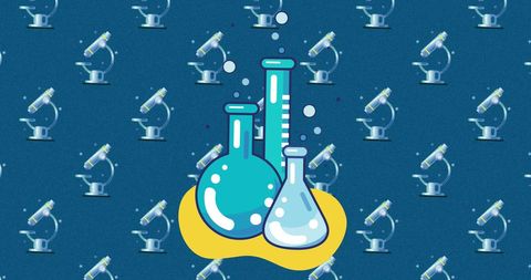 Colorful chemistry and microscope icons on blue background
