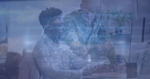 Collaborative Business Team in Tech-Savvy Workspace With Digital Interface Overlay