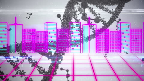 Futuristic Cityscape with Digital DNA Helix