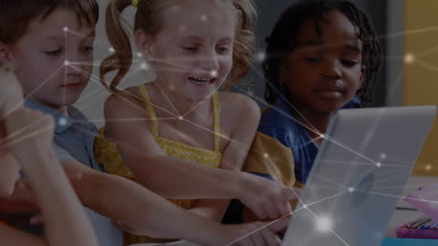 Diverse Students Collaborating on Laptop with Digital Connections