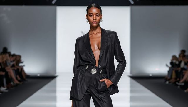 Model walking in oversized black blazer and high-waist trousers with statement buckle