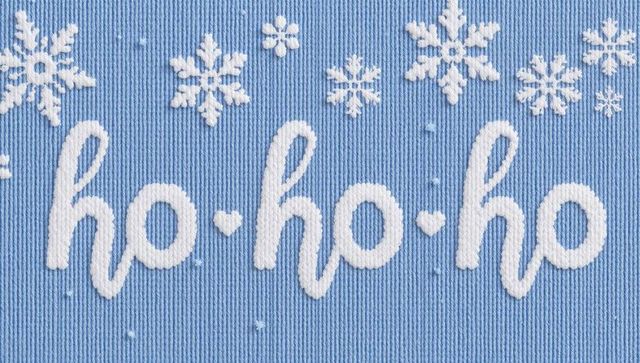 Blue ribbed knit holiday pattern featuring white ho ho ho script and snowflakes
