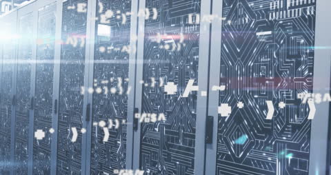 Futuristic Computer Server Room with Digital Symbols