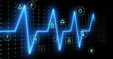 Futuristic pulse line with green energy symbols on digital grid backdrop