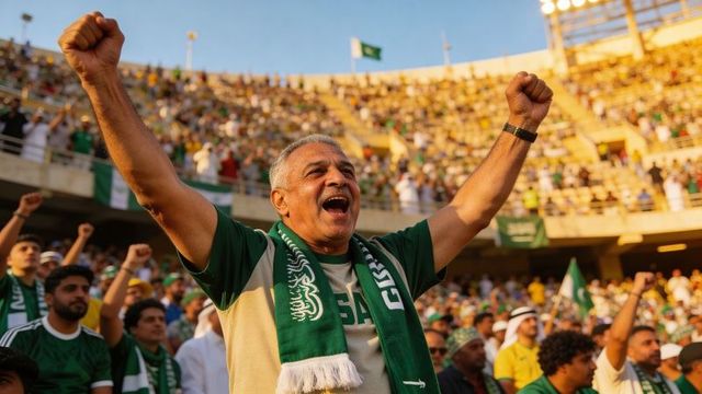 Cheering senior fan raising fists at stadium during soccer match wearing green scarf