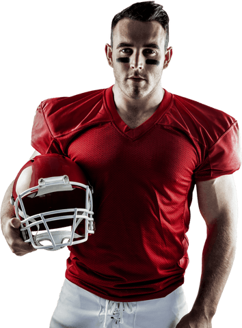 American football player in transparent background red jersey holding helmet