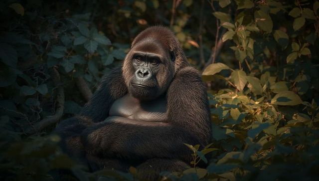 Pensive gorilla sitting in jungle understory folding arms with moody low light