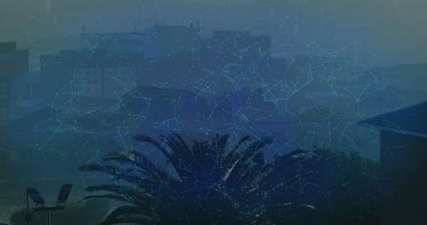 Futuristic Digital Network Overlay on Cityscape with Palm Tree