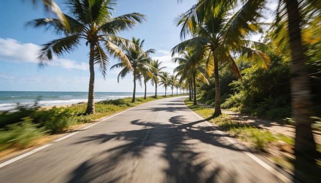Leading sunlit coastal road lined with coconut palms, ocean waves and motion blur