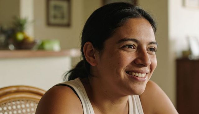 Smiling woman sitting at kitchen table in warm natural light, candid closeup portrait