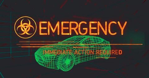 Digital car emergency alert with biohazard warning graphics