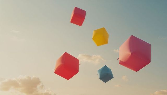 Floating colorful cube balloons at sunrise