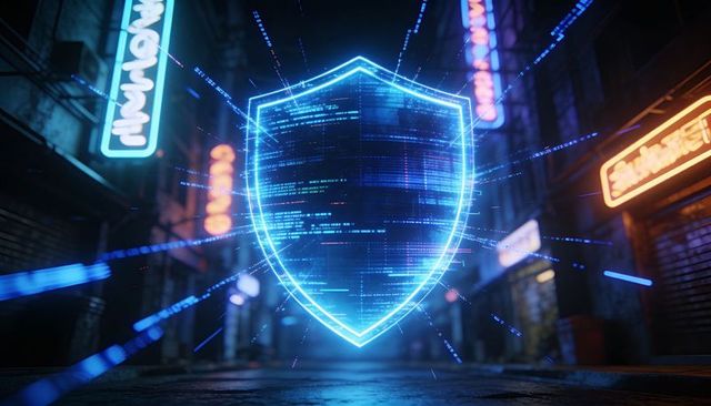 Neon holographic shield hovering over cyberpunk alley with streaming data and glowing code