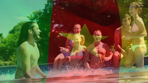 Friends Enjoying Poolside Fun with Senegal Flag Overlay