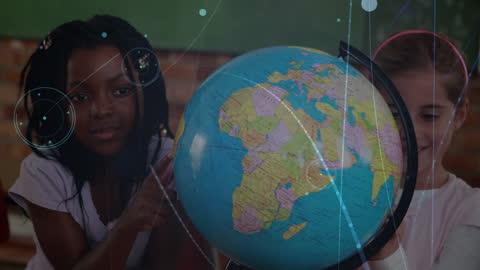 Diverse Schoolgirls Exploring Globe with Digital Networks Overlay